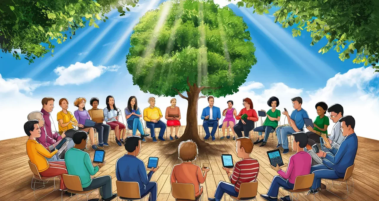 Pessoas de diversas etnias e idades em círculo com dispositivos eletrônicos, sob uma árvore verde com luz solar.