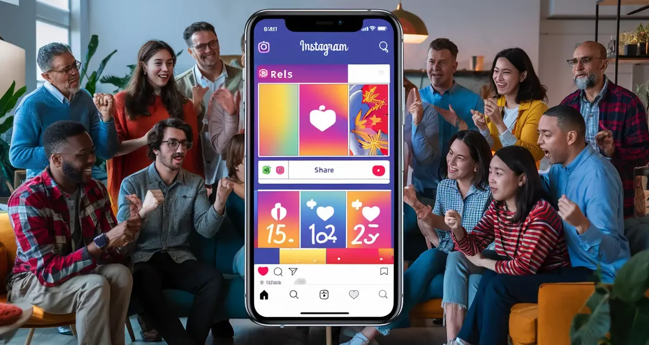 Pessoas diversas observando uma tela de smartphone com a seção 'Reels' do Instagram aberta, exibindo um vídeo vibrante.