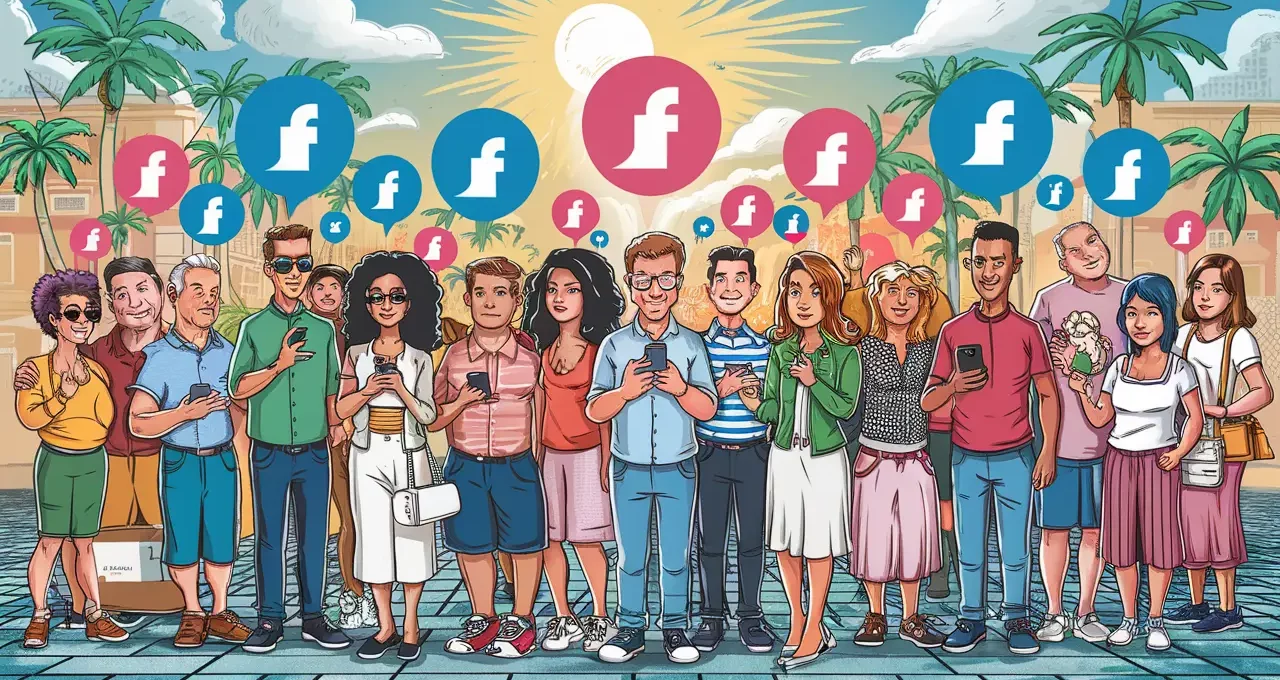 Pessoas com smartphones em praça pública no Brasil, ícones digitais de seguidores flutuando acima delas.