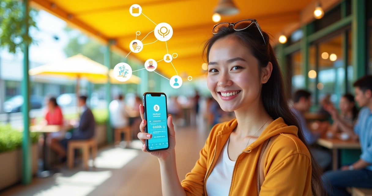 Pessoa usando smartphone em café ao ar livre, símbolos de redes sociais e crescimento de seguidores.