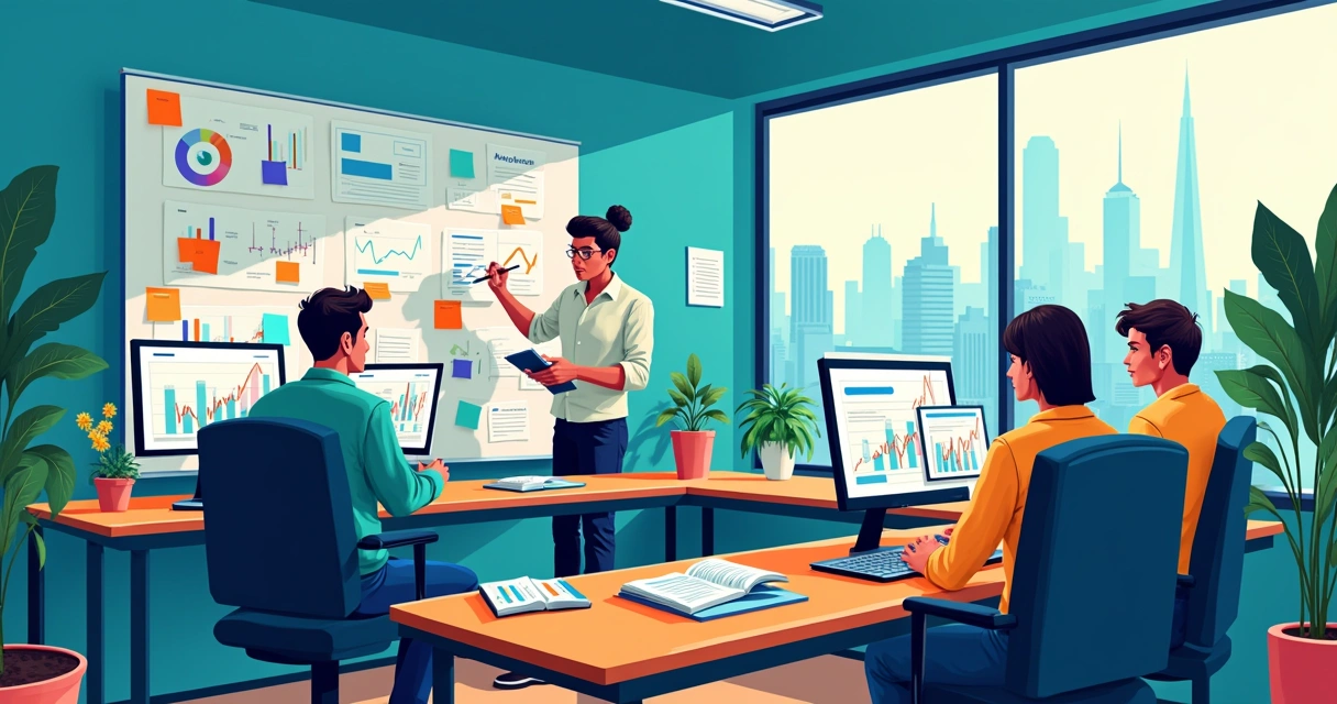 Ilustração de um escritório de marketing digital com profissionais analisando dados de mídias sociais.