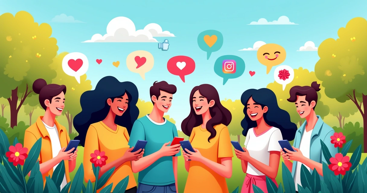 Grupo diverso de pessoas sorrindo, interagindo com smartphones em um parque ensolarado.