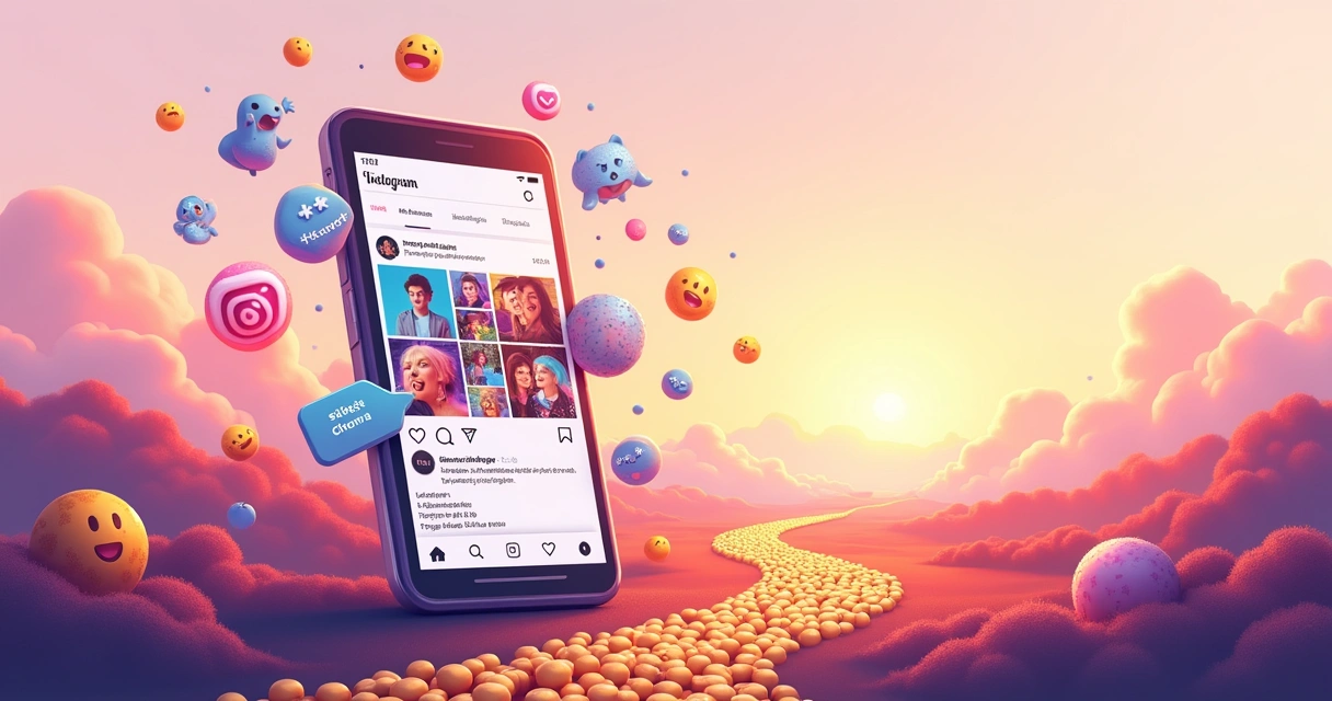 Visão vibrante do Instagram, com smartphone exibindo feed colorido e emojis simbolizando criatividade.