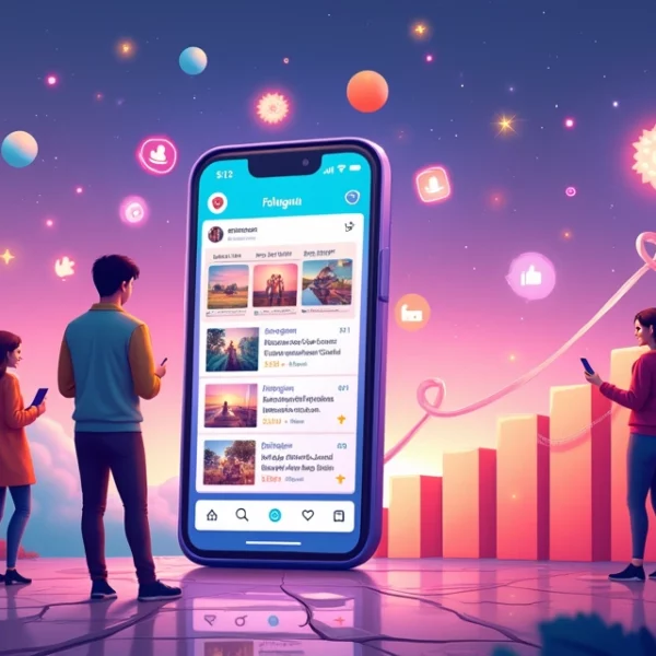 Ilustração de um ambiente de mídia social vibrante com smartphone, pessoas interagindo e ícones de sucesso.