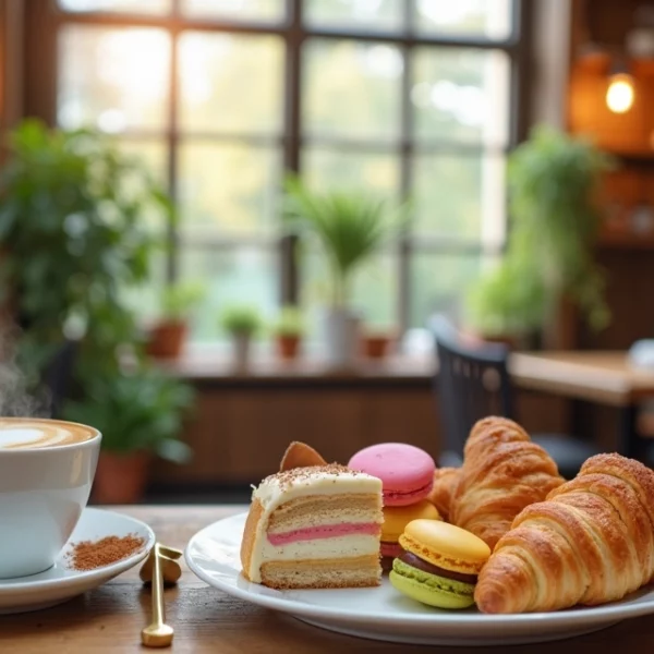 Table with colorful pastries and a latte in a cozy café, with warm light and rustic decor, ideal for Instagram.