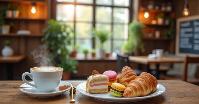 Table with colorful pastries and a latte in a cozy café, with warm light and rustic decor, ideal for Instagram.