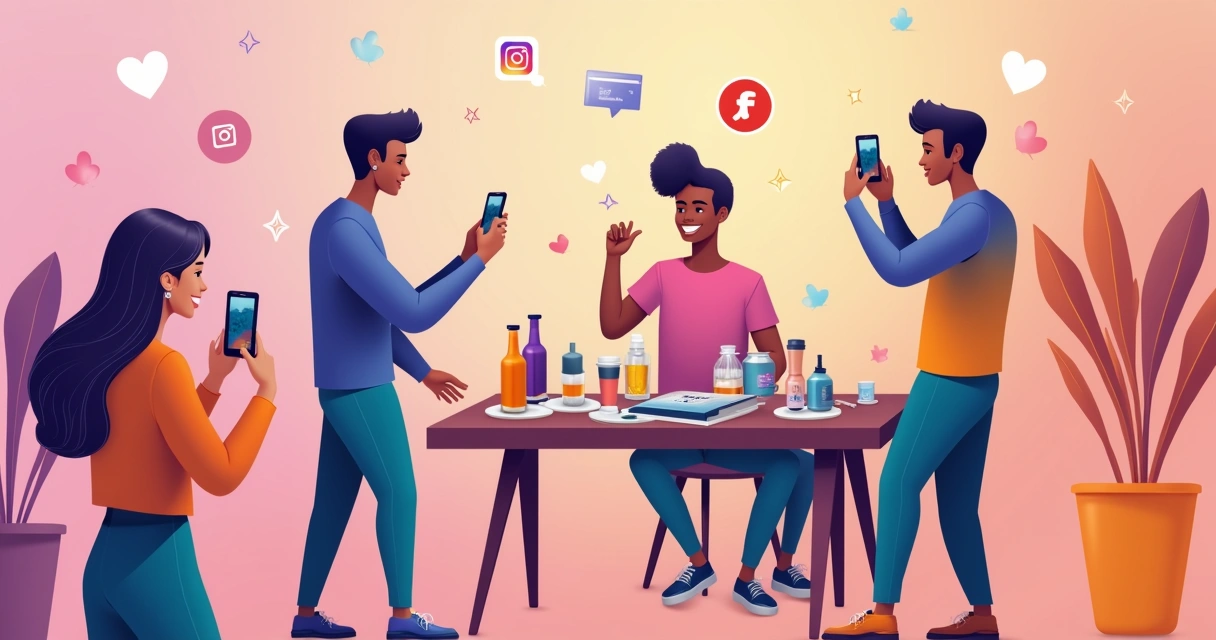Grupo diverso de pessoas criando conteúdo para Instagram, com fundos vibrantes e elementos de redes sociais.