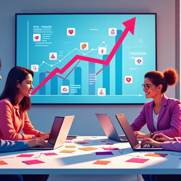Grupo de profissionais em uma reunião, colaborando em estratégias de mídia social com laptops e gráficos coloridos.