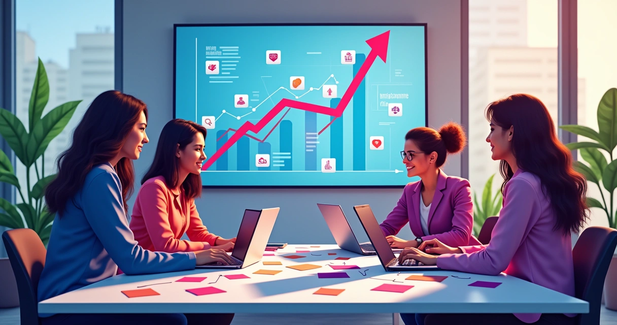 Grupo de profissionais em uma reunião, colaborando em estratégias de mídia social com laptops e gráficos coloridos.