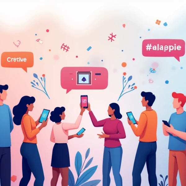 Ilustração de estratégias para aumentar seguidores no Instagram, com pessoas colaborando e ícones de engajamento.