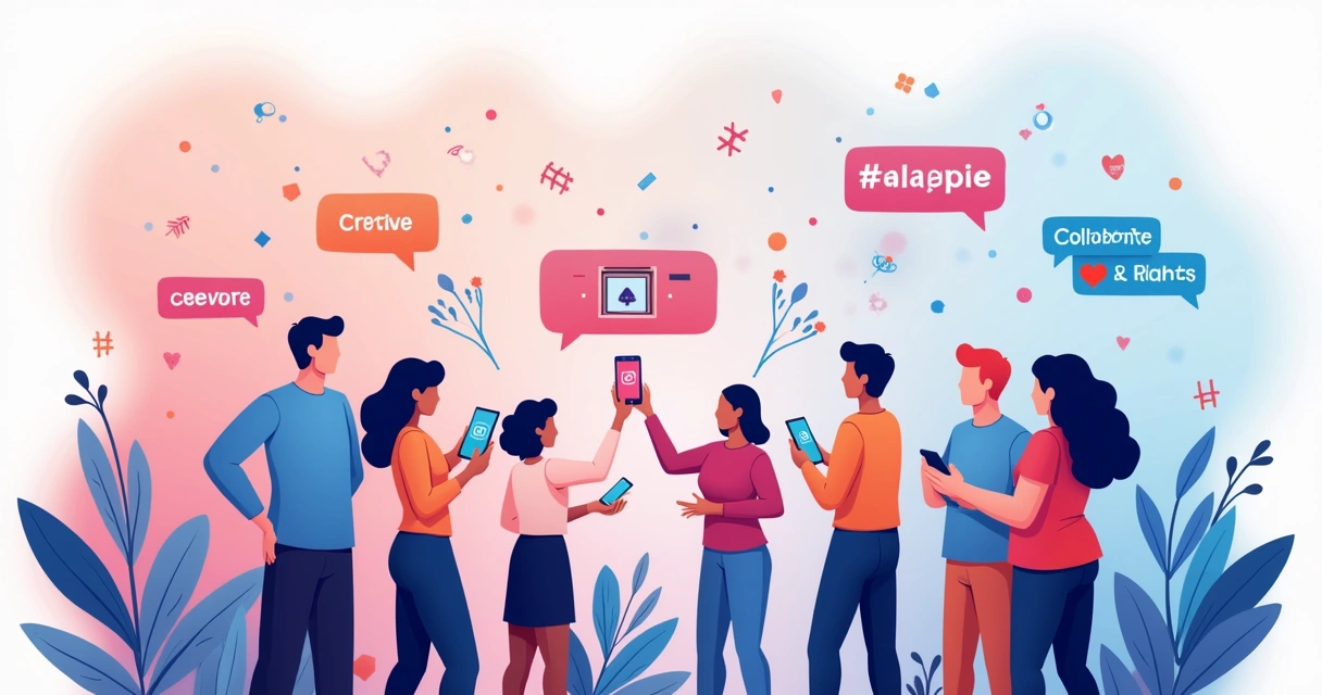 Ilustração de estratégias para aumentar seguidores no Instagram, com pessoas colaborando e ícones de engajamento.