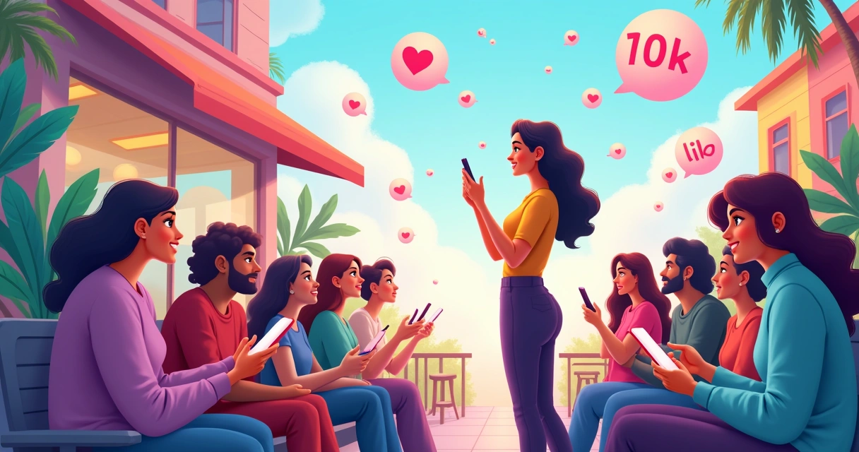 Influencer with followers in a colorful urban scene, showcasing excitement and rising social media counts.