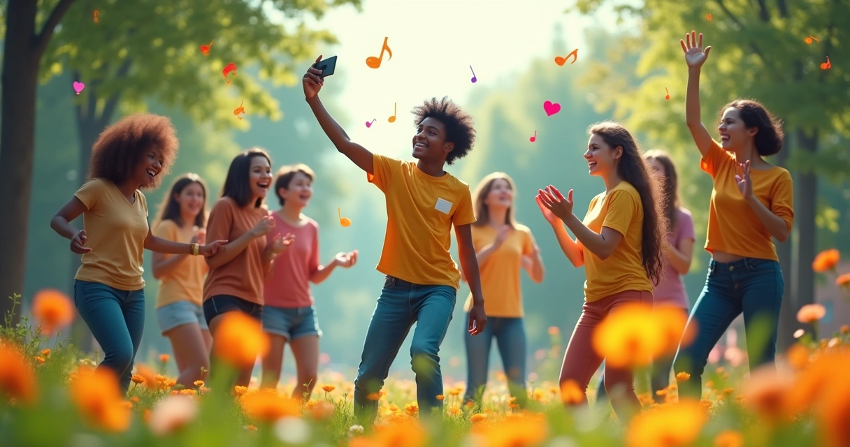 Grupo diversificado de jovens gravando vídeos do TikTok em um parque vibrante com flores e árvores coloridas.