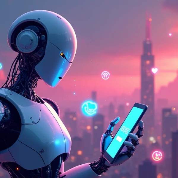 Robô futurista envolvido em ícones de seguidores e redes sociais em um cenário vibrante.