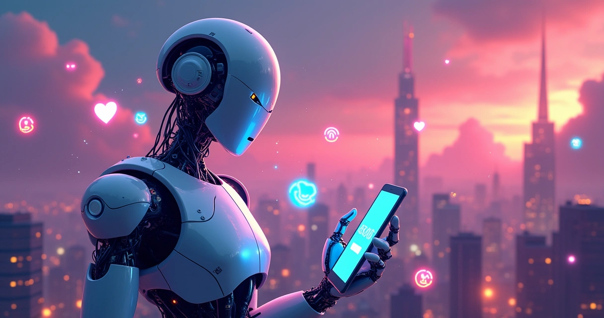 Robô futurista envolvido em ícones de seguidores e redes sociais em um cenário vibrante.
