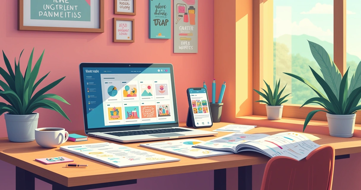 Ilustração de um ambiente de planejamento de conteúdo para Instagram com mesa, laptop e anotações organizadas.